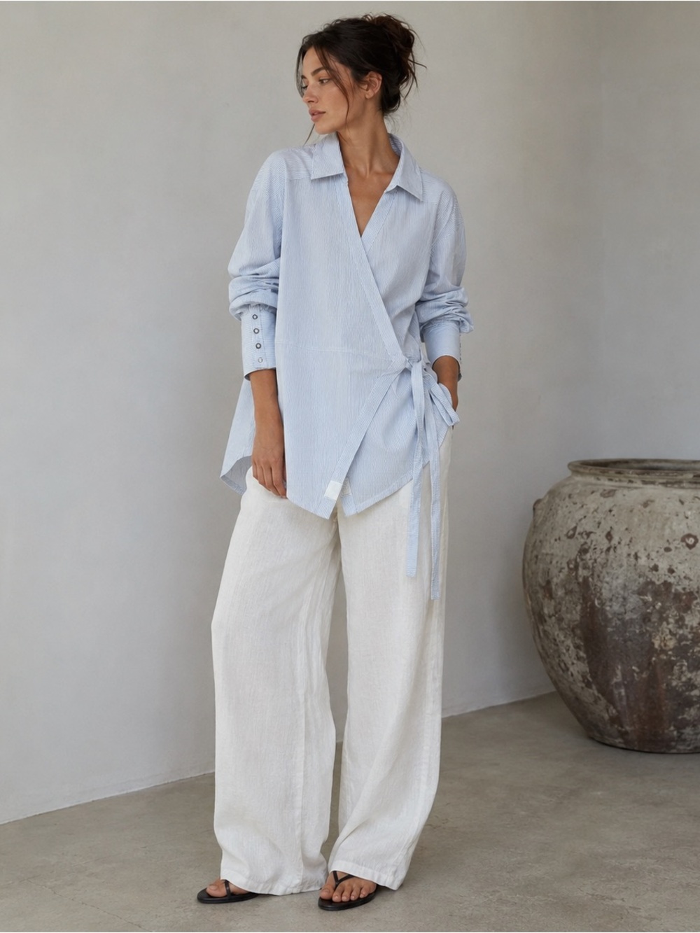 We The Free Oversized Wrap Button Cuff Pinstripe Cotton Shirt XS